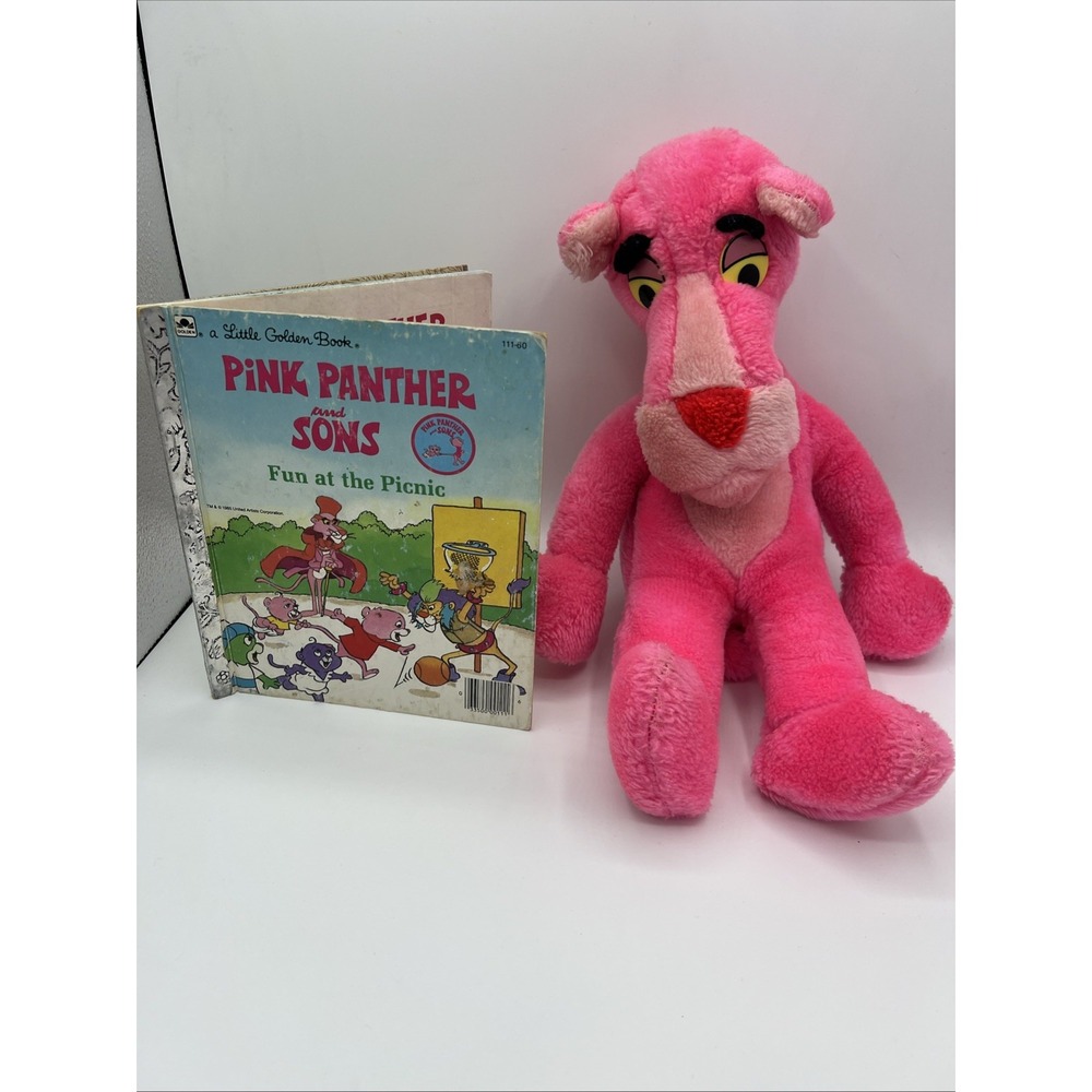 Vintage 1980s Mighty Star Pink Panther 17" Plush & 1985 Little Golden Book Set